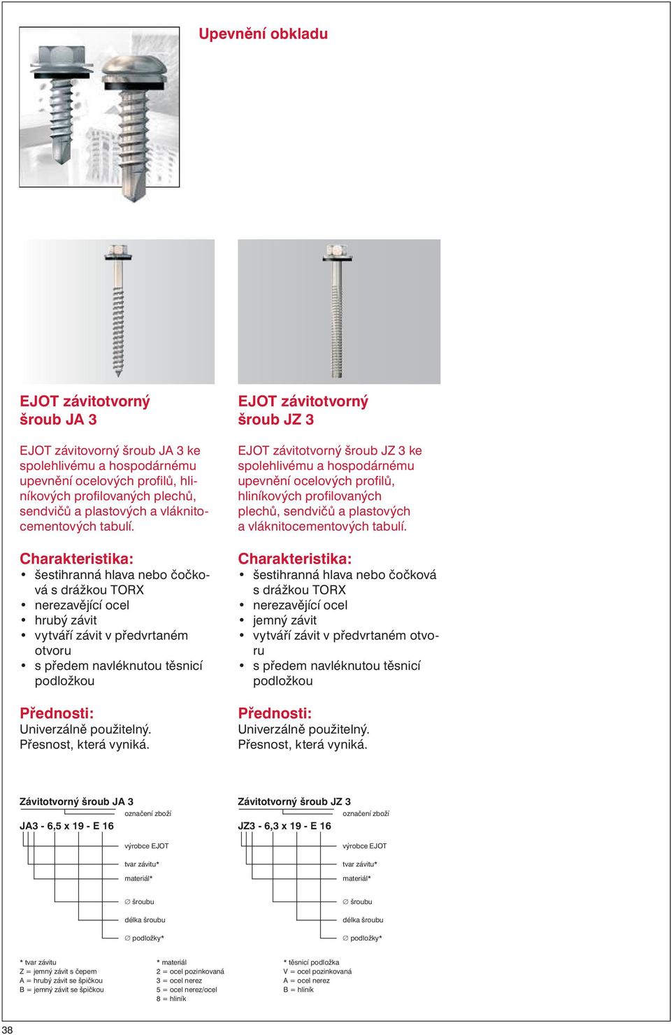 EJOT závitotvorný šroub JZ 3 EJOT závitotvorný šroub JZ 3 ke spolehlivému a hospodárnému upevnění ocelových profilů, hliníkových profilovaných plechů, sendvičů a plastových a vláknitocementových