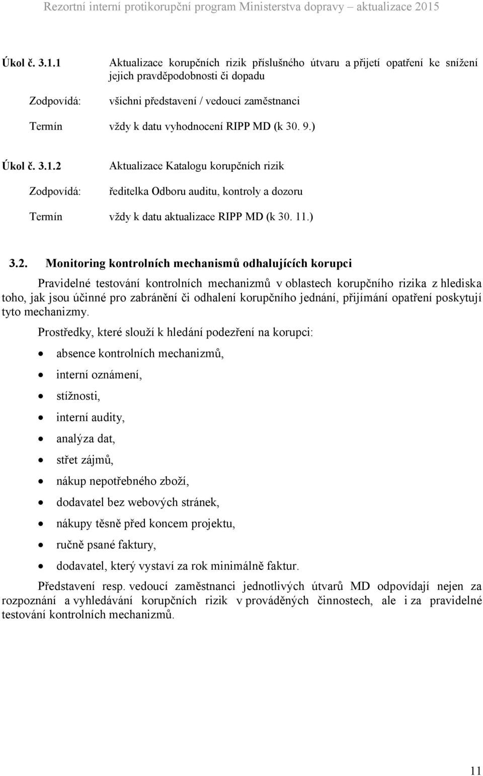 Monitoring kontrolních mechanismů odhalujících korupci Pravidelné testování kontrolních mechanizmů v oblastech korupčního rizika z hlediska toho, jak jsou účinné pro zabránění či odhalení korupčního