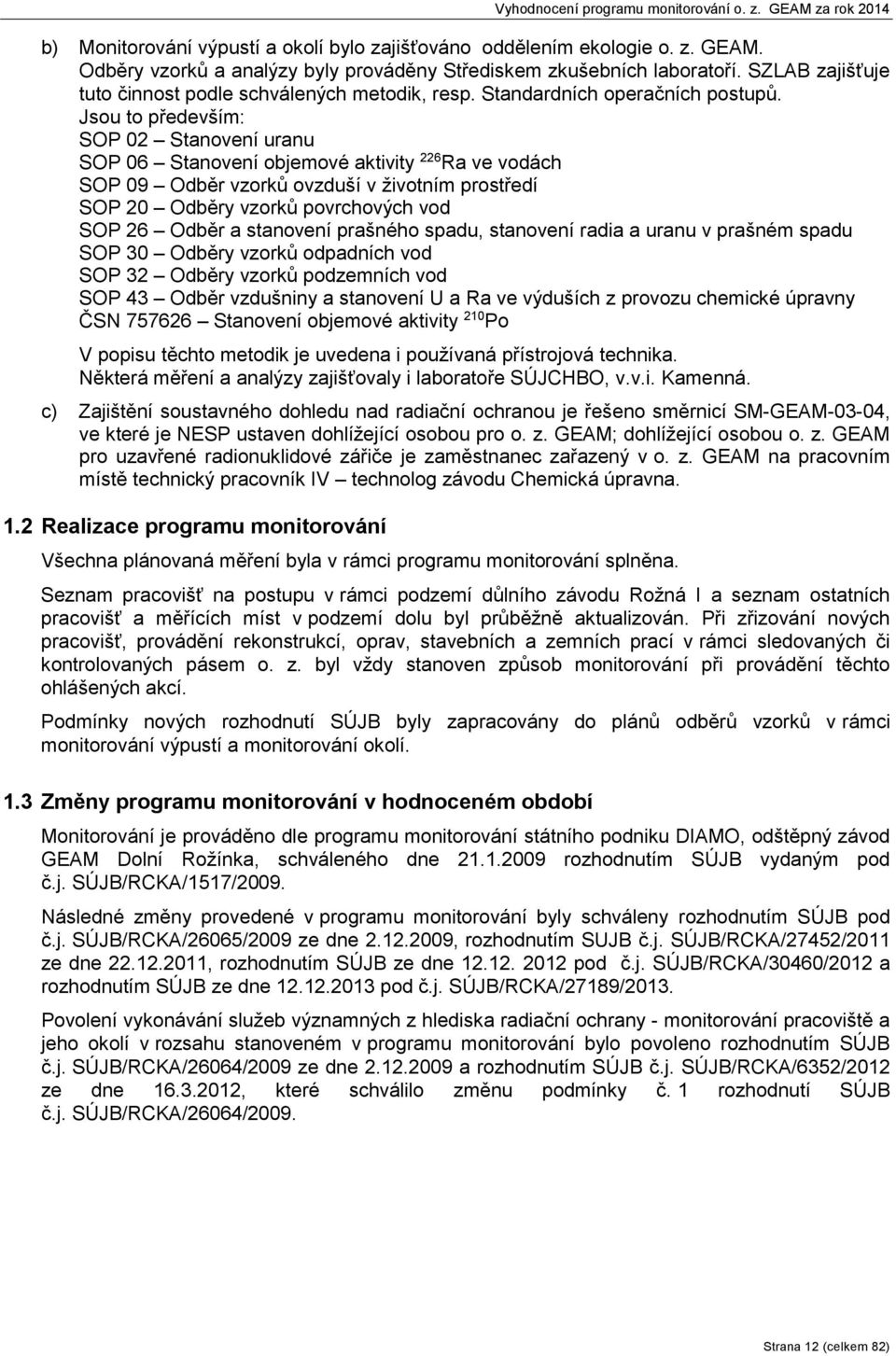 Jsou to především: SOP 02 Stanovení uranu SOP 06 Stanovení objemové aktivity 226 Ra ve vodách SOP 09 Odběr vzorků ovzduší v životním prostředí SOP 20 Odběry vzorků povrchových vod SOP 26 Odběr a