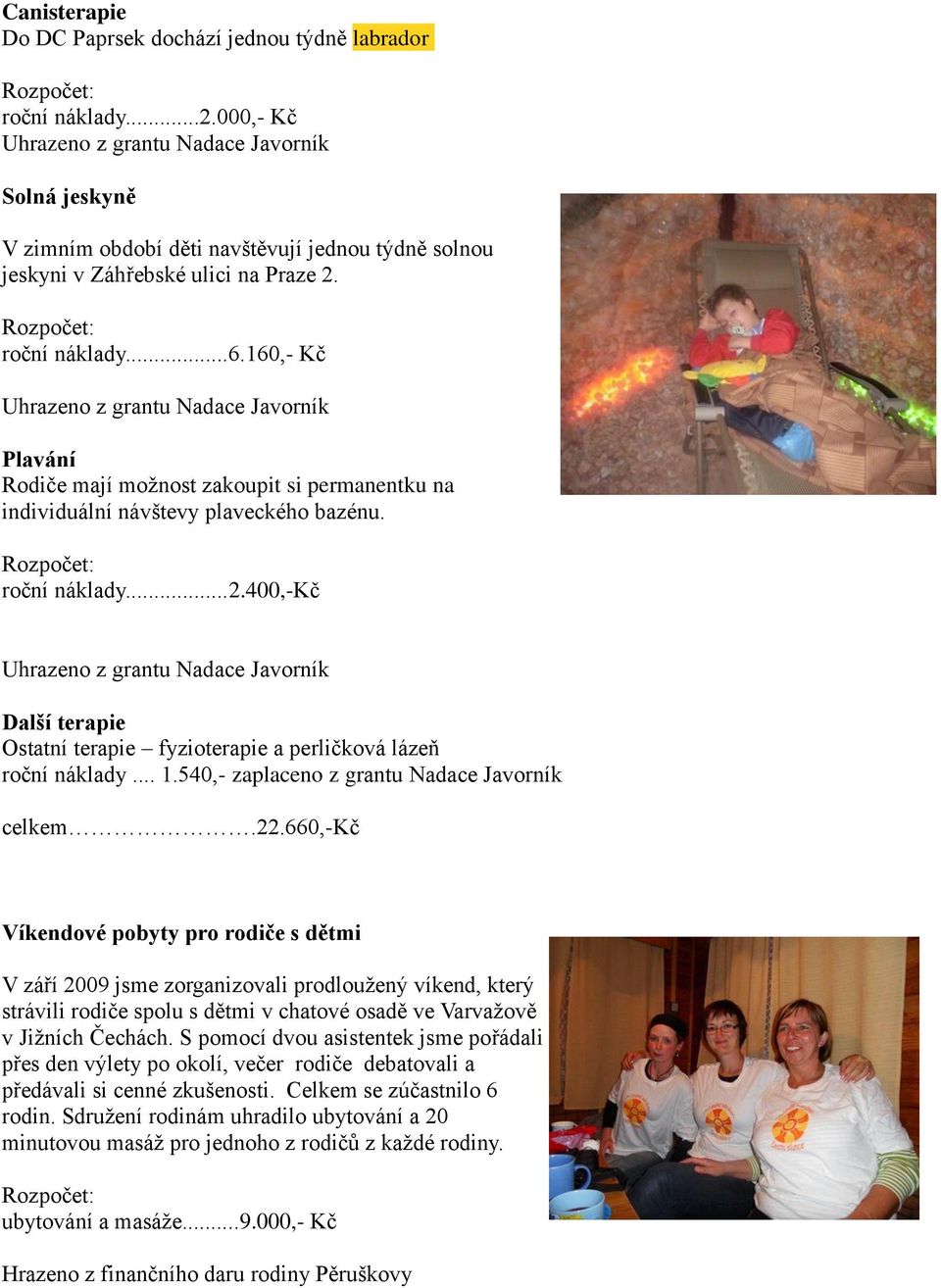 160,- Kč Uhrazeno z grantu Nadace Javorník Plavání Rodiče mají možnost zakoupit si permanentku na individuální návštevy plaveckého bazénu. roční náklady...2.