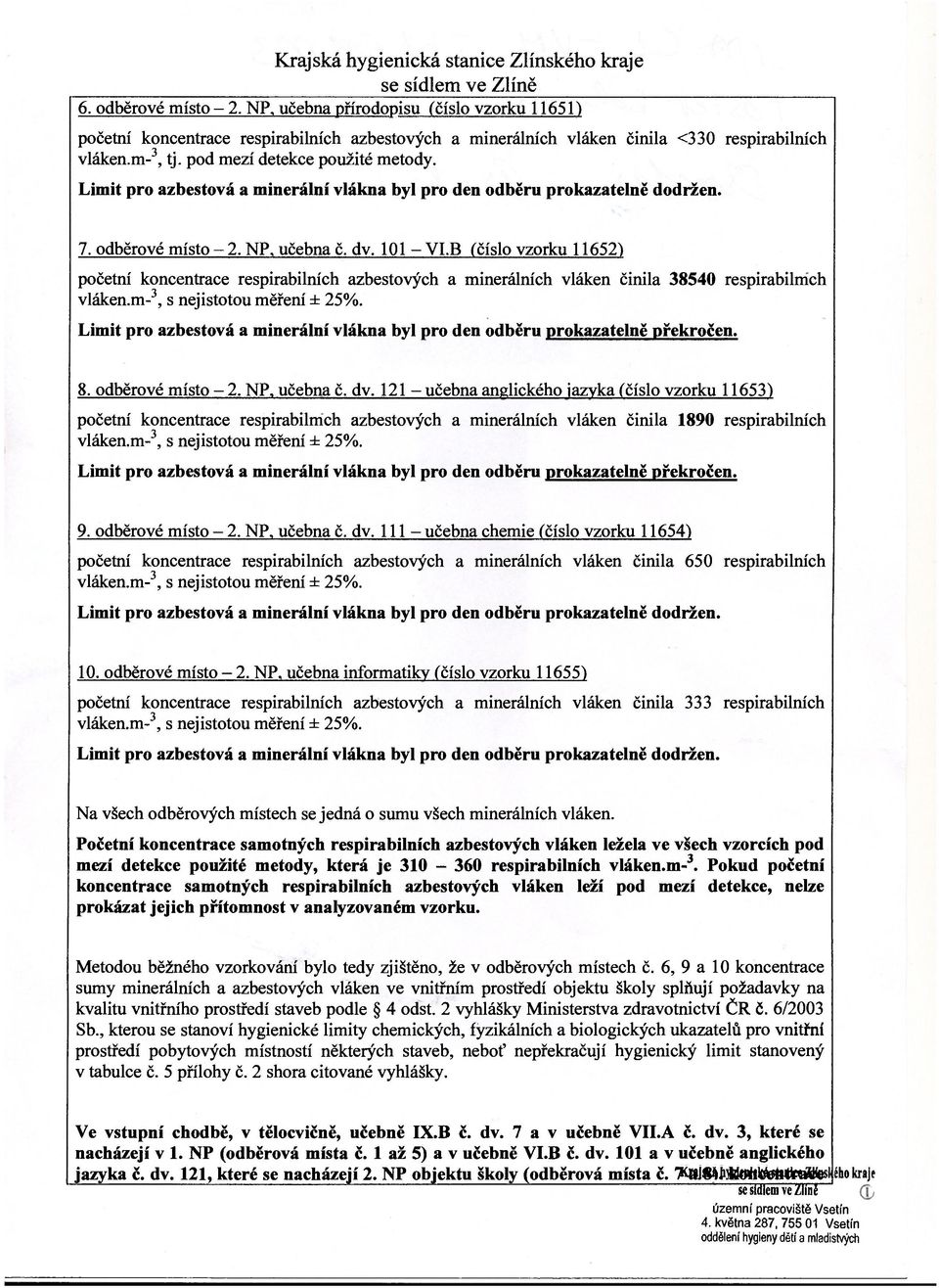 B (číslo vzorku 11652) početní koncentrace respirabilních azbestových a minerálních vláken činila 38540 respirabilmch 8. odběrové místo - 2. NP, učebna č. dv.