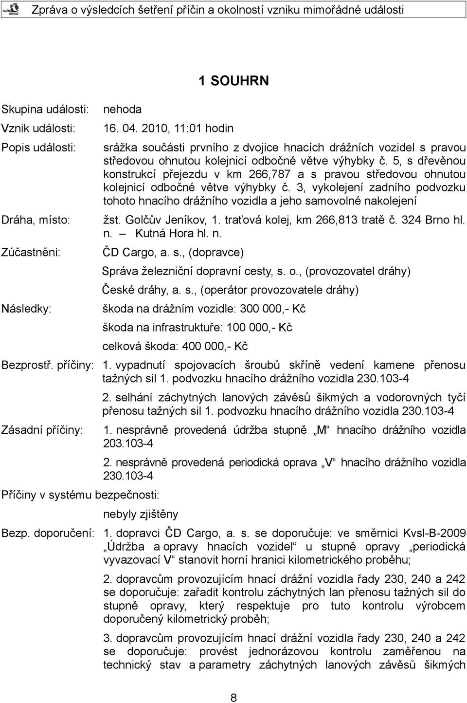 5, s dřevěnou konstrukcí přejezdu v km 266,787 a s pravou středovou ohnutou kolejnicí odbočné větve výhybky č.