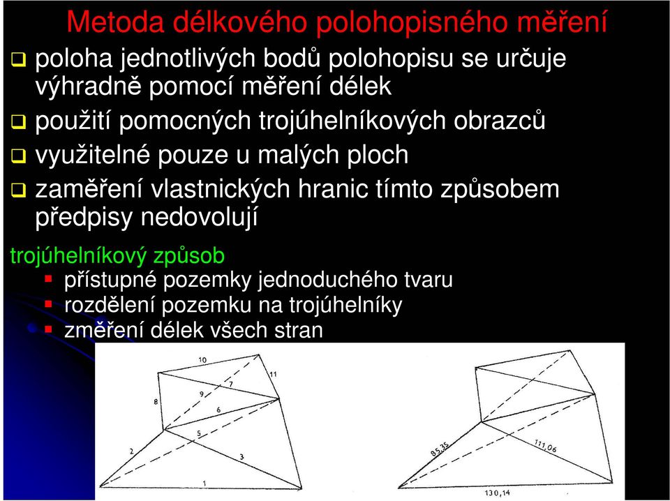 ploch zaměření vlastnických hranic tímto způsobem předpisy nedovolují trojúhelníkový způsob