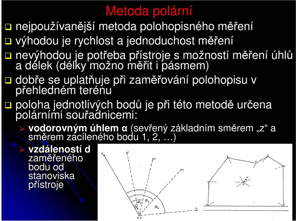 polohopisu v přehledném terénu poloha jednotlivých bodů je při této metodě určena polárními souřadnicemi: vodorovným