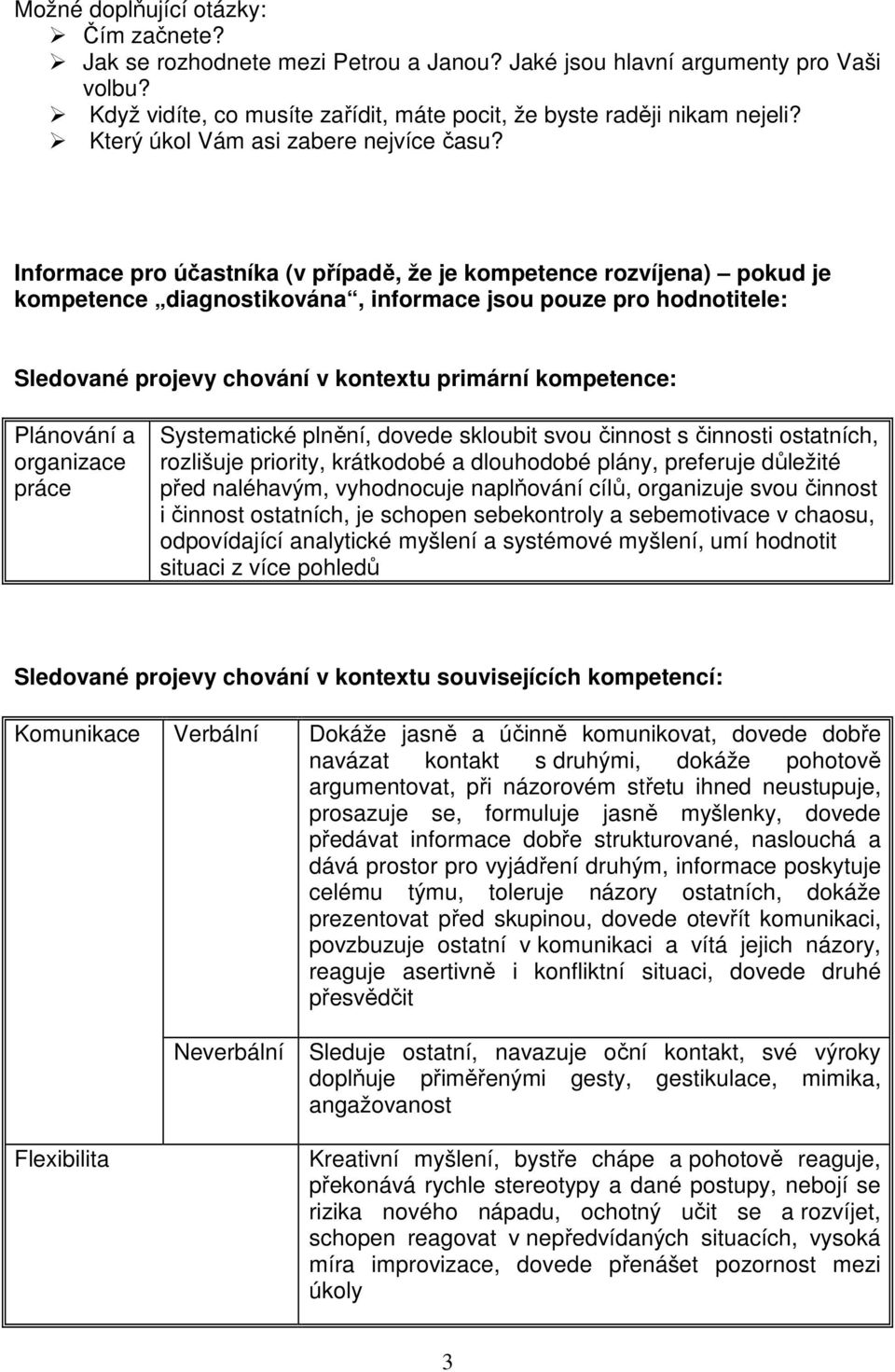 Informace pro účastníka (v případě, že je kompetence rozvíjena) pokud je kompetence diagnostikována, informace jsou pouze pro hodnotitele: Sledované projevy chování v kontextu primární kompetence: