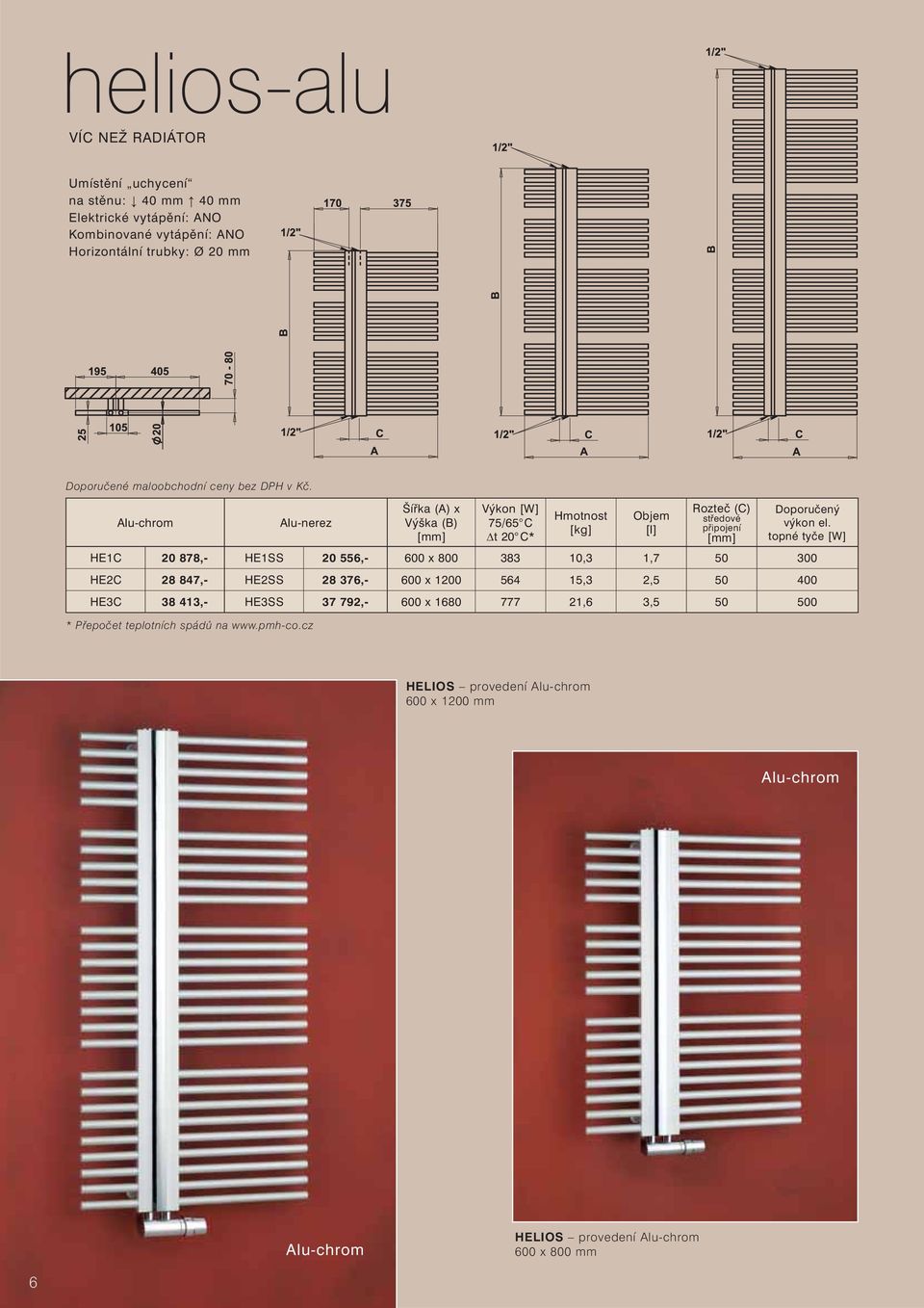 Alu-chrom Alu-nerez Šířka (A) x Výška (B) Výkon [W] 75/65 C Δt 20 C* Hmotnost [kg] Objem [l] Rozteč (C) středové připojení Doporučený výkon el.