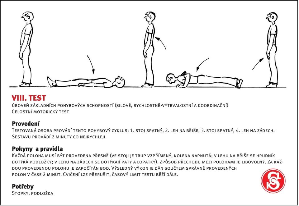 Pokyny a pravidla Každá poloha musí být provedena přesně (ve stoji je trup vzpřímený, kolena napnutá; v lehu na břiše se hrudník dotýká podložky; v lehu na zádech se dotýkají