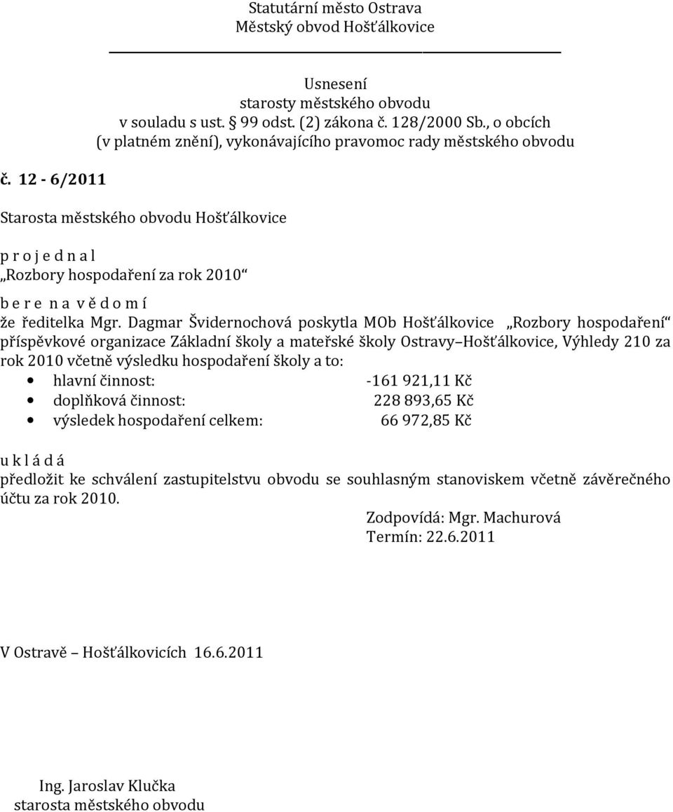 Hošťálkovice, Výhledy 210 za rok 2010 včetně výsledku hospodaření školy a to: hlavní činnost: -161 921,11 Kč doplňková činnost: 228 893,65