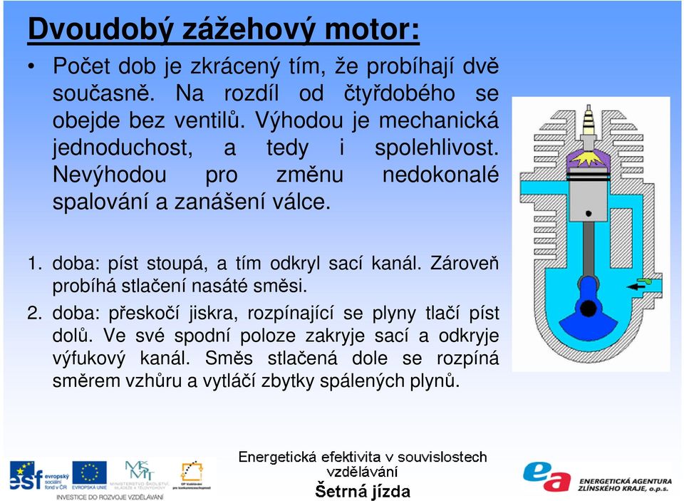 doba: píst stoupá, a tím odkryl sací kanál. Zároveň probíhá stlačení nasáté směsi. 2.