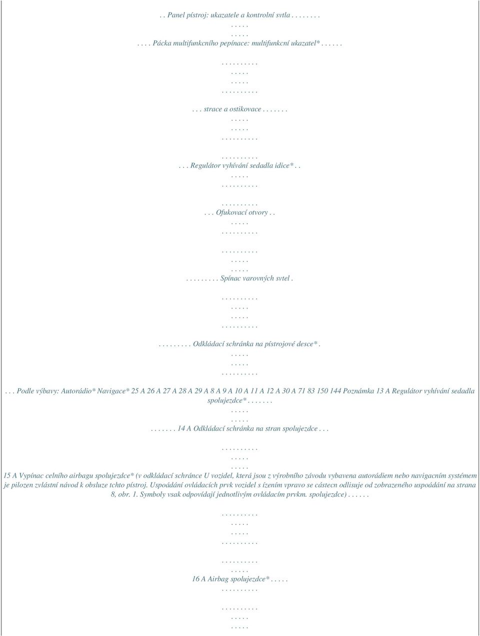 ... Podle výbavy: Autorádio* Navigace* 25 A 26 A 27 A 28 A 29 A 8 A 9 A 10 A 11 A 12 A 30 A 71 83 150 144 Poznámka 13 A Regulátor vyhívání sedadla spolujezdce*.