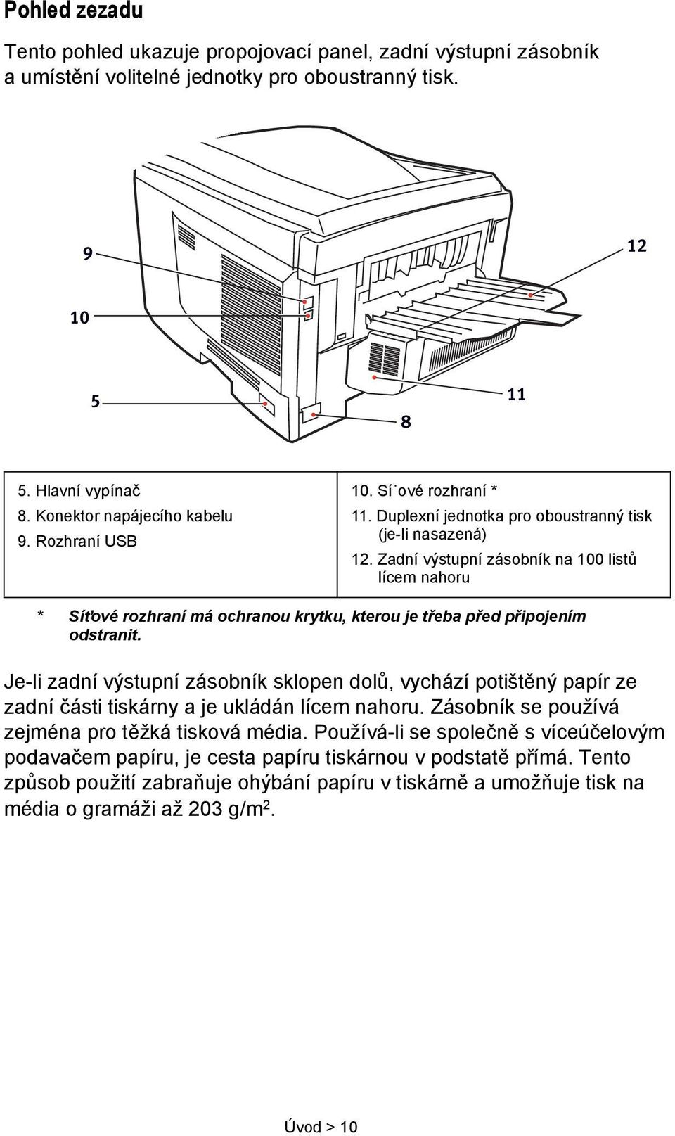 Zadní výstupní zásobník na 100 listů lícem nahoru * Síťové rozhraní má ochranou krytku, kterou je třeba před připojením odstranit.