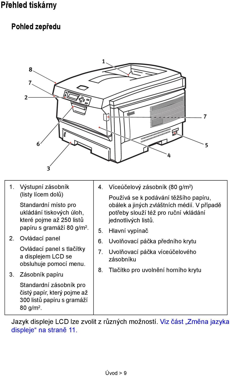 Víceúčelový zásobník (80 g/m 2 ) Používá se k podávání těžšího papíru, obálek a jiných zvláštních médií. V případě potřeby slouží též pro ruční vkládání jednotlivých listů. 5. Hlavní vypínač 6.