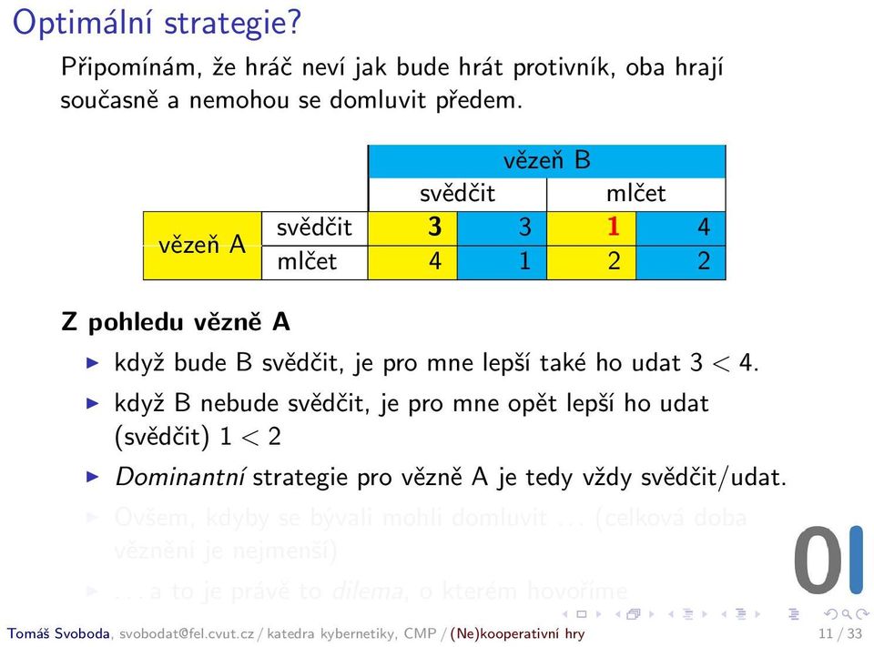 když B nebude svědčit, je pro mne opět lepší ho udat (svědčit) 1 < 2 Dominantní strategie pro vězně A je tedy vždy svědčit/udat.