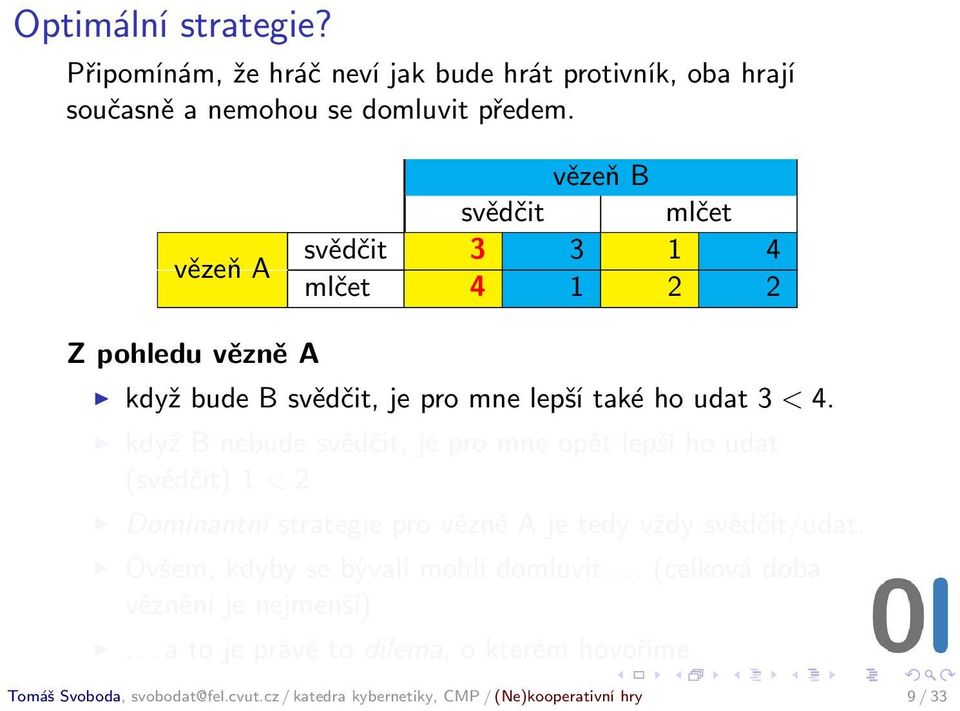 když B nebude svědčit, je pro mne opět lepší ho udat (svědčit) 1 < 2 Dominantní strategie pro vězně A je tedy vždy svědčit/udat.