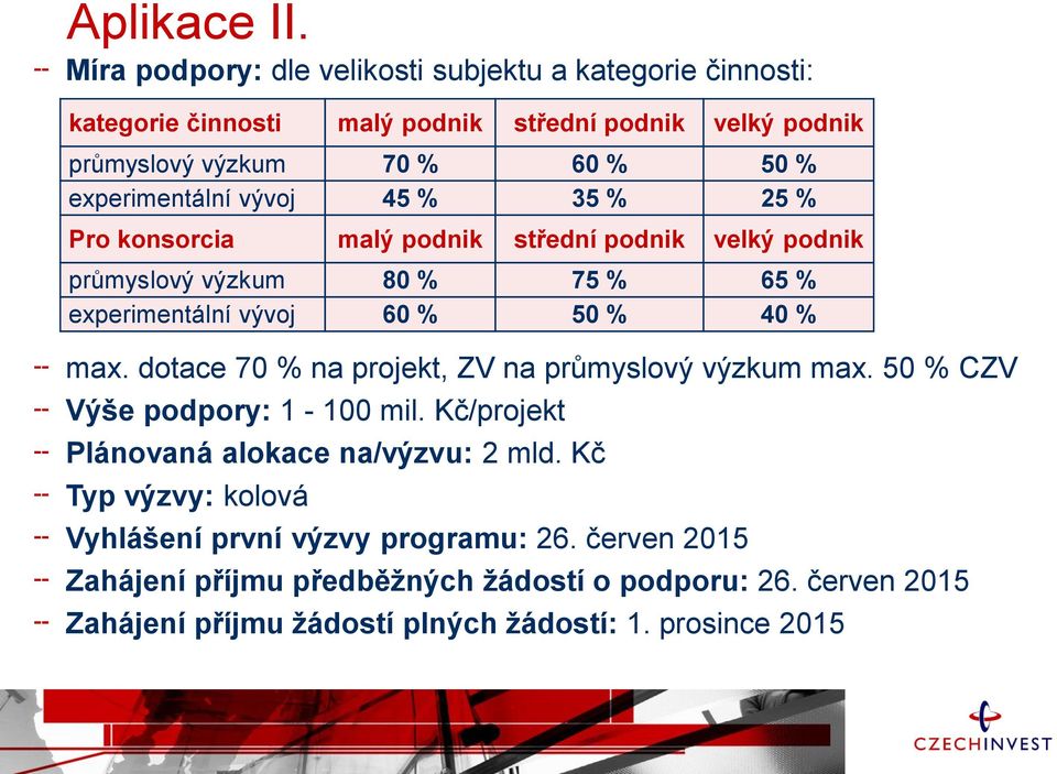 experimentální vývoj 45 % 35 % 25 % Pro konsorcia malý podnik střední podnik velký podnik průmyslový výzkum 80 % 75 % 65 % experimentální vývoj 60 % 50 % 40 % max.