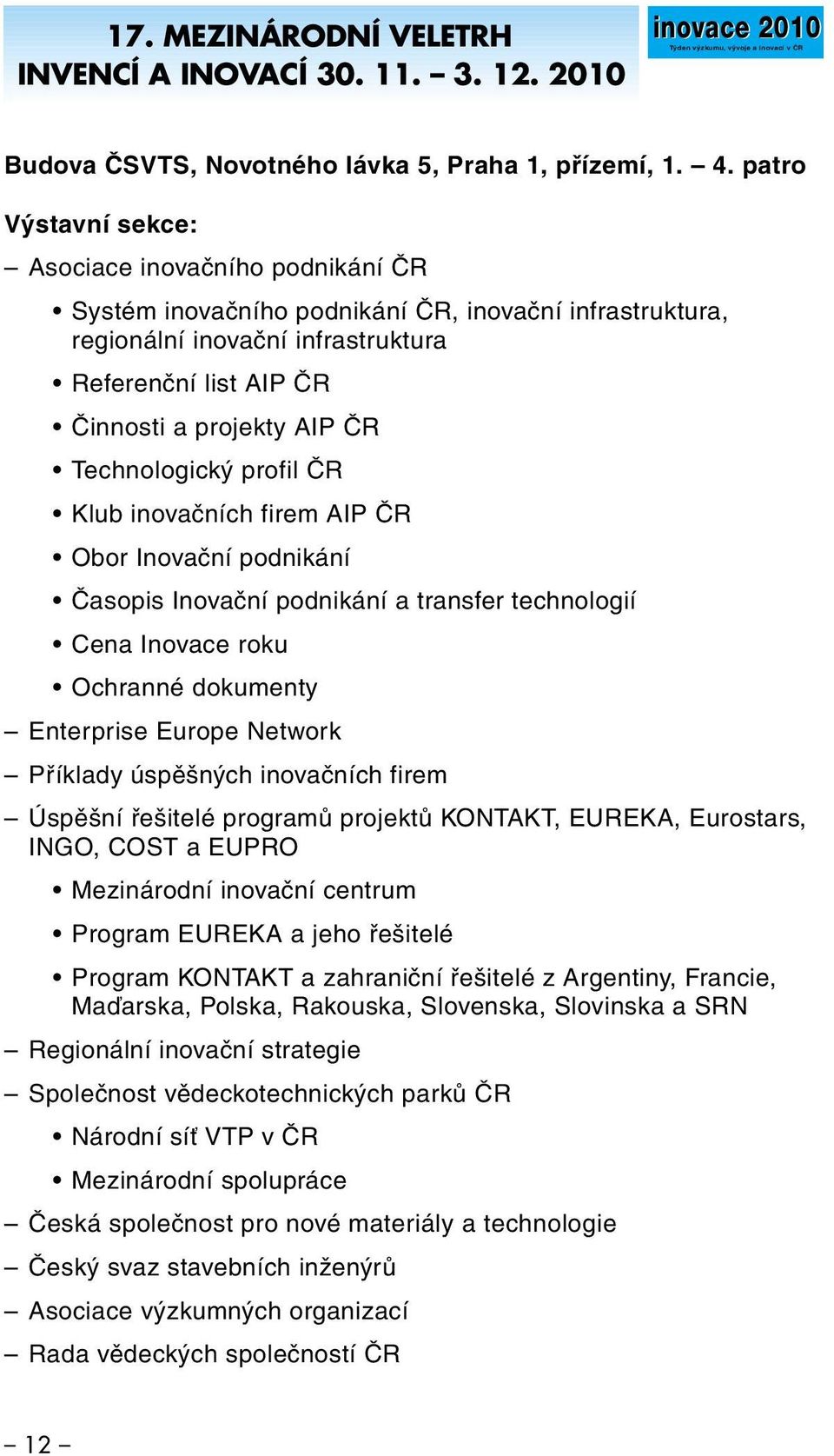 Technologický profil ČR Klub inovačních firem AIP ČR Obor Inovační podnikání Časopis Inovační podnikání a transfer technologií Cena Inovace roku Ochranné dokumenty Enterprise Europe Network Příklady