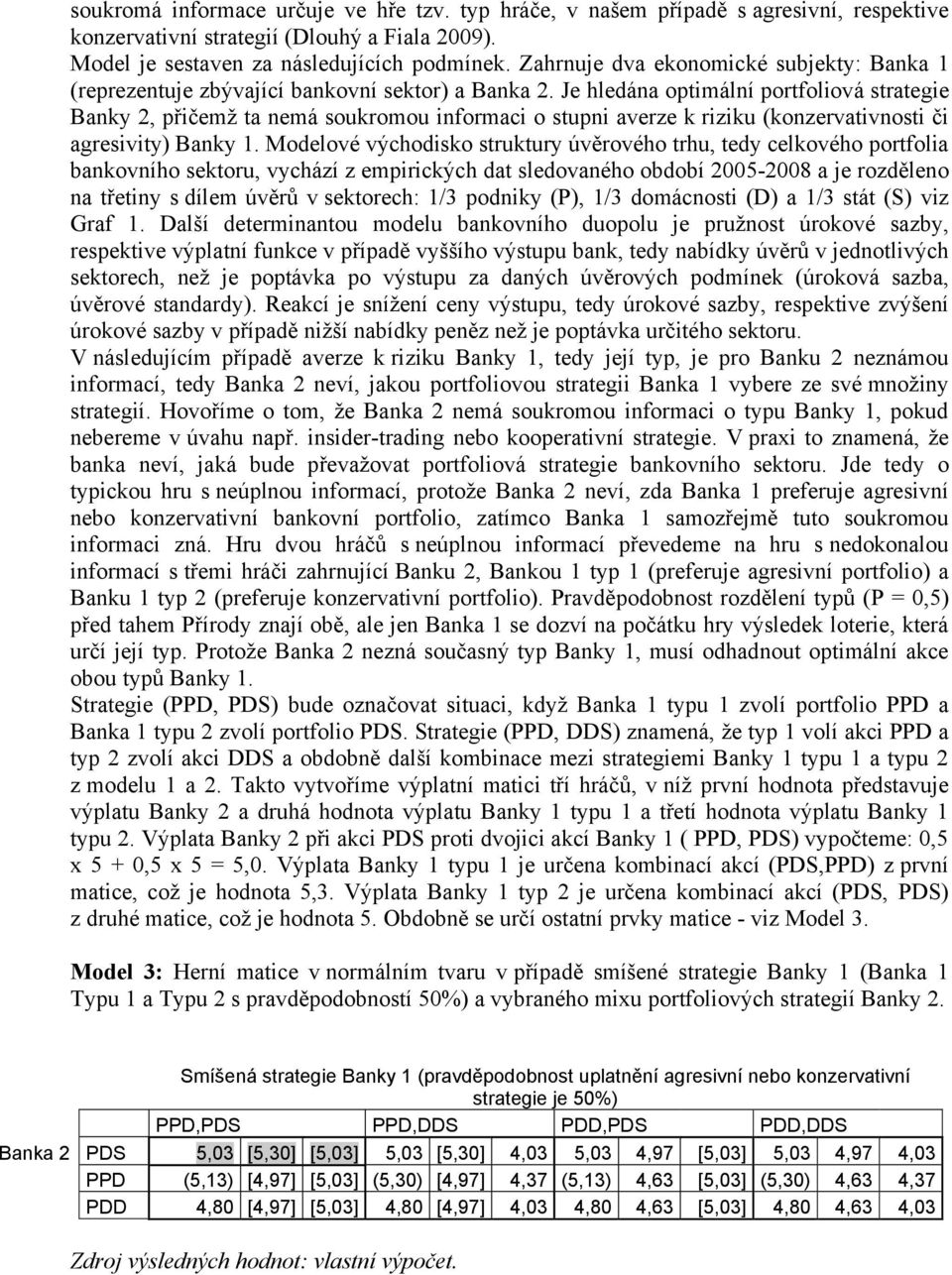 Je hledána optimální portfoliová strategie Banky 2, přičemž ta nemá soukromou informaci o stupni averze k riziku (konzervativnosti či agresivity) Banky 1.