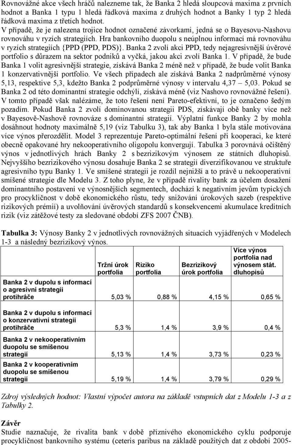 Hra bankovního duopolu s neúplnou informací má rovnováhu v ryzích strategiích {PPD (PPD, PDS)}.