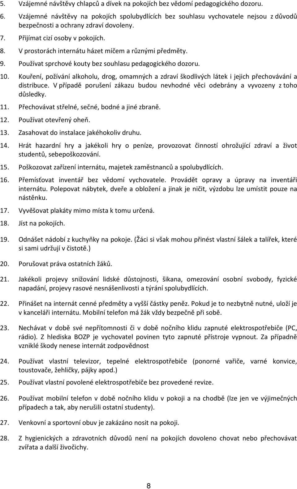 V prostorách internátu házet míčem a různými předměty. 9. Používat sprchové kouty bez souhlasu pedagogického dozoru. 10.