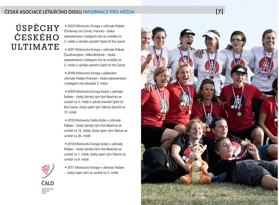 místě a vyhrála ocenění Spirit of the Game 2008 Mistrovství Evropy v plážovém ultimate frisbee (Francie) česká reprezentace v kategorii mix obsadila 3.