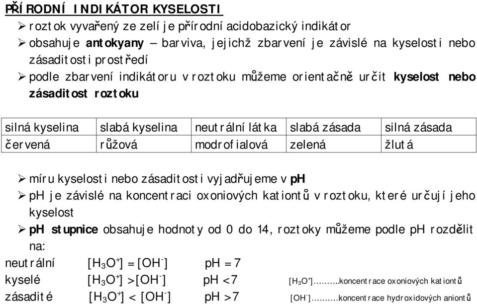 kyselosti nebo zásaditosti vyjadřujeme v ph ph je závislé na koncentraci oxoniových kationtů v roztoku, které určují jeho kyselost ph stupnice obsahuje hodnoty od 0 do 14, roztoky můžeme podle ph