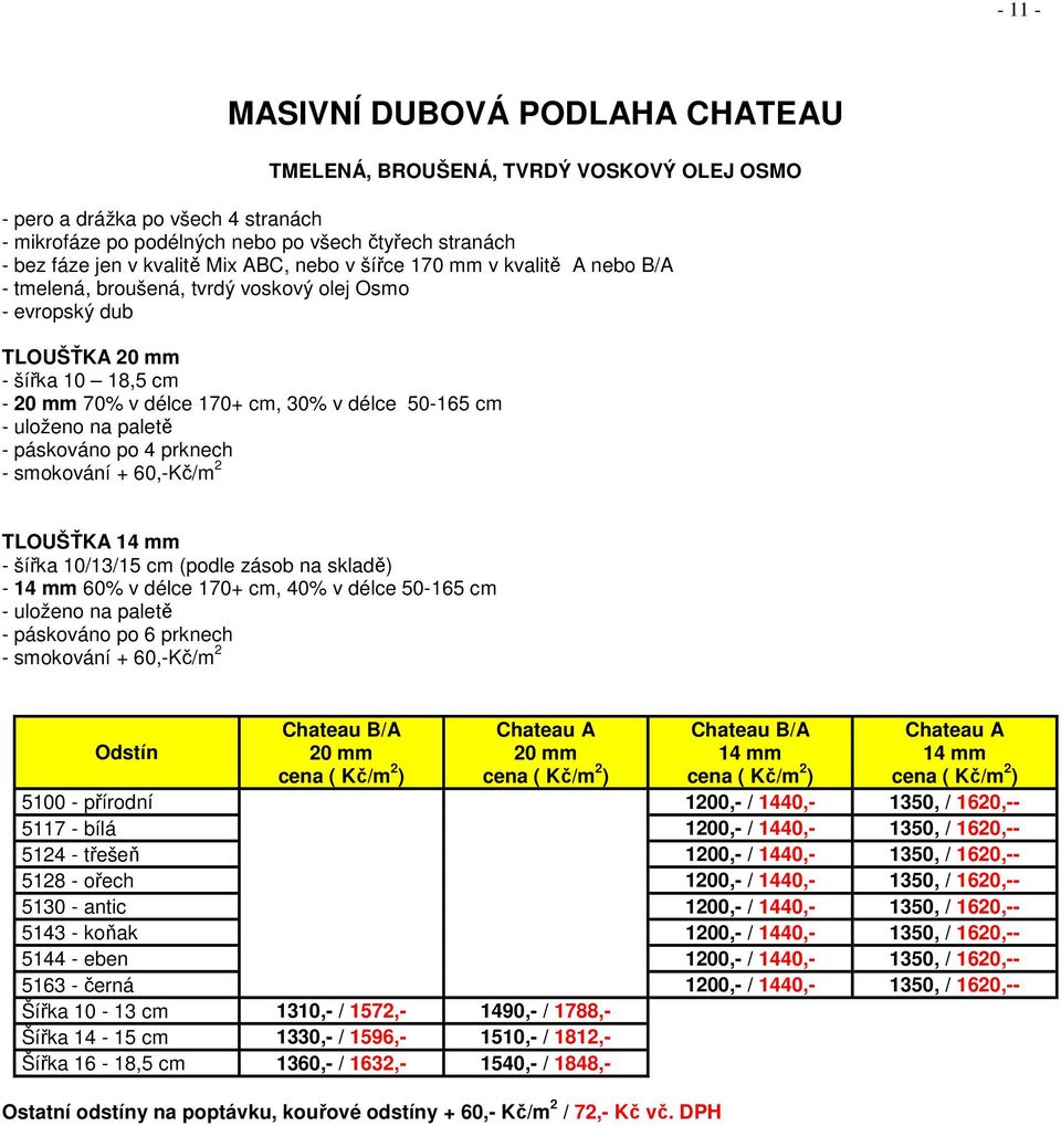 4 prknech - smokování + 60,-Kč/m 2 TLOUŠŤKA 14 mm - šířka 10/13/15 cm (podle zásob na skladě) - 14 mm 60% v délce 170+ cm, 40% v délce 50-165 cm - uloženo na paletě - páskováno po 6 prknech -