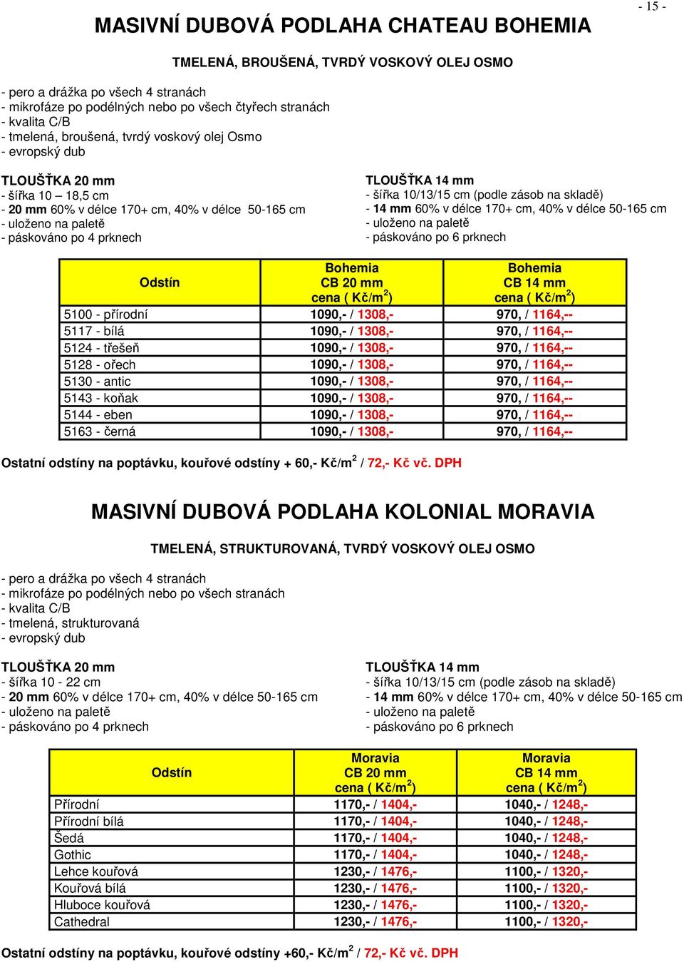 zásob na skladě) - 14 mm 60% v délce 170+ cm, 40% v délce 50-165 cm - uloženo na paletě - páskováno po 6 prknech Bohemia CB 20 mm Bohemia CB 14 mm 5100 - přírodní 1090,- / 1308,- 970, / 1164,-- 5117