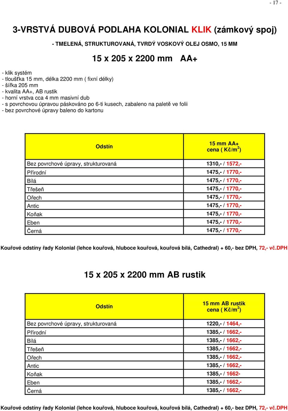 AA+ Bez povrchové úpravy, strukturovaná 1310,- / 1572,- Přírodní 1475,- / 1770,- Bílá 1475,- / 1770,- Třešeň 1475,- / 1770,- Ořech 1475,- / 1770,- Antic 1475,- / 1770,- Koňak 1475,- / 1770,- Eben