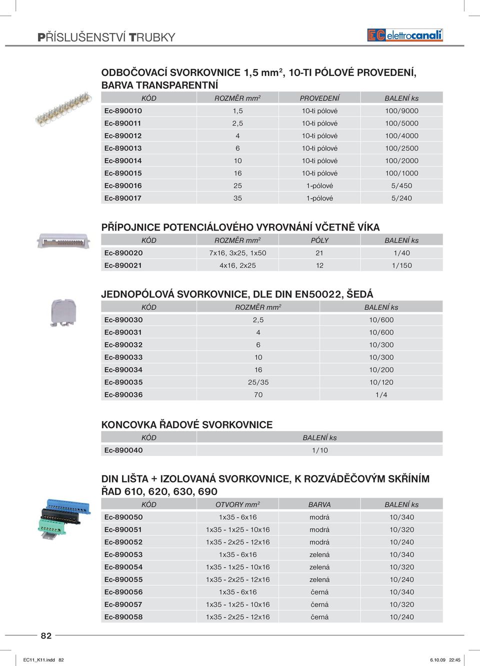 POTENCIÁLOVÉHO VYROVNÁNÍ VČETNĚ VÍKA KÓD ROZMĚR mm 2 PÓLY BALENÍ ks Ec-890020 7x16, 3x25, 1x50 21 1/40 Ec-890021 4x16, 2x25 12 1/150 JEDNOPÓLOVÁ SVORKOVNICE, DLE DIN EN50022, ŠEDÁ KÓD ROZMĚR mm 2