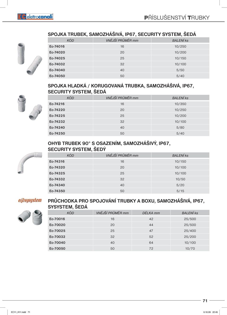 OSAZENÍM, SAMOZHÁŠIVÝ, IP67, SECURITY SYSTEM, ŠEDÝ Ec-74316 16 10/150 Ec-74320 20 10/100 Ec-74325 25 10/100 Ec-74332 32 10/50 Ec-74340 40 5/20 Ec-74350 50 5/15 PRŮCHODKA PRO SPOJOVÁNÍ TRUBKY