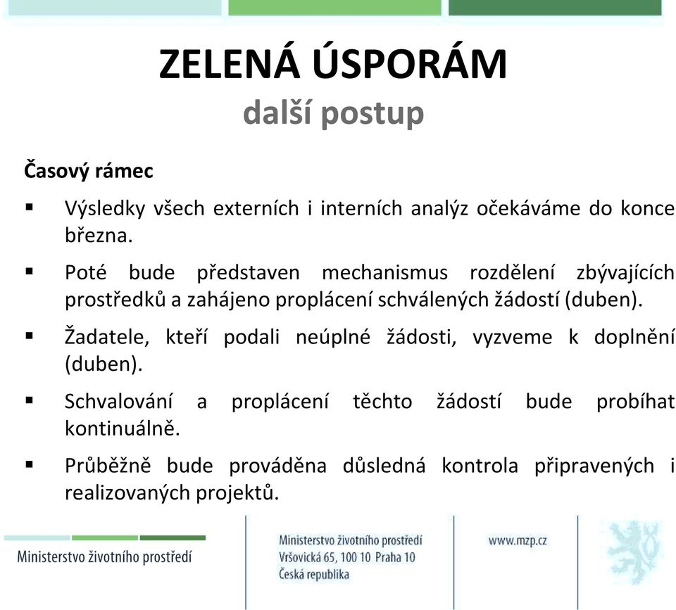 (duben). Žadatele, kteří podali neúplné žádosti, vyzveme k doplnění (duben).