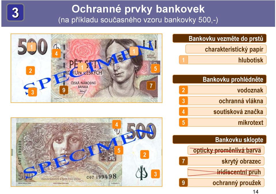 prohlédněte vodoznak ochranná vlákna 4 soutisková značka 4 5 mikrotext Bankovku