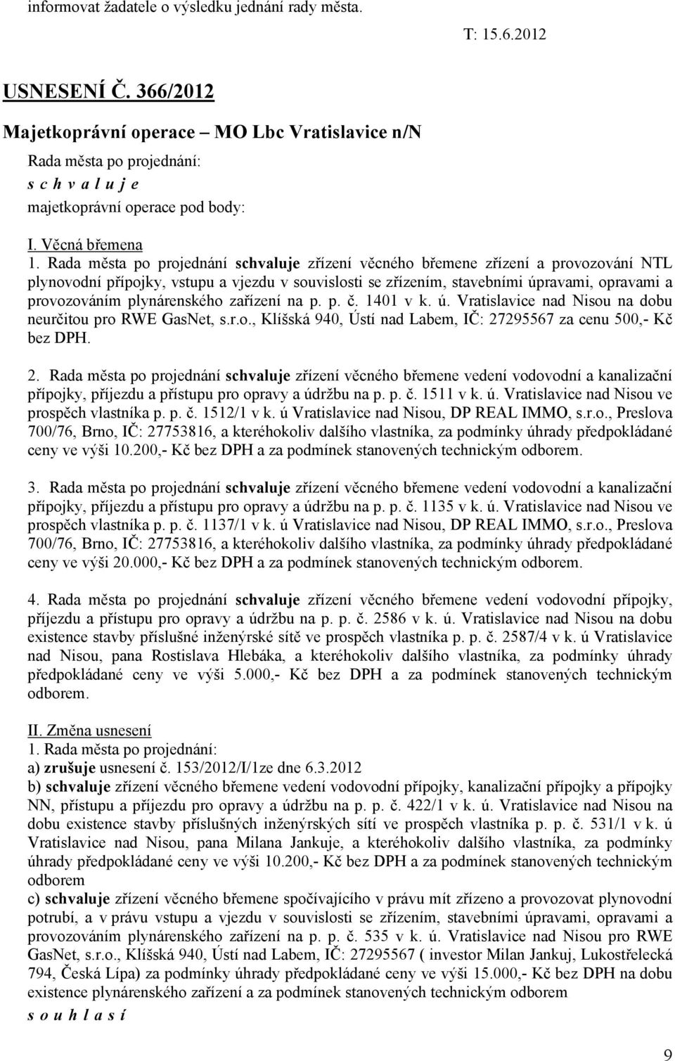1401 v k. ú. Vratislavice nad Nisou na dobu neurčitou pro RWE GasNet, s.r.o., Klíšská 940, Ústí nad Labem, IČ: 27
