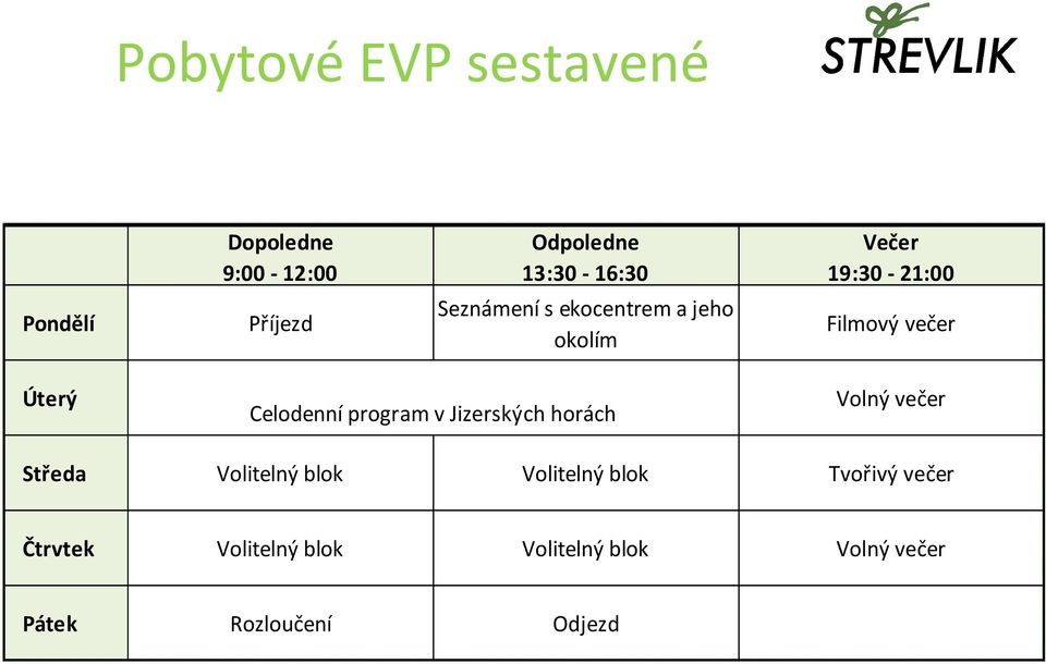 Úterý Celodenní program v Jizerských horách Volný večer Středa Volitelný blok