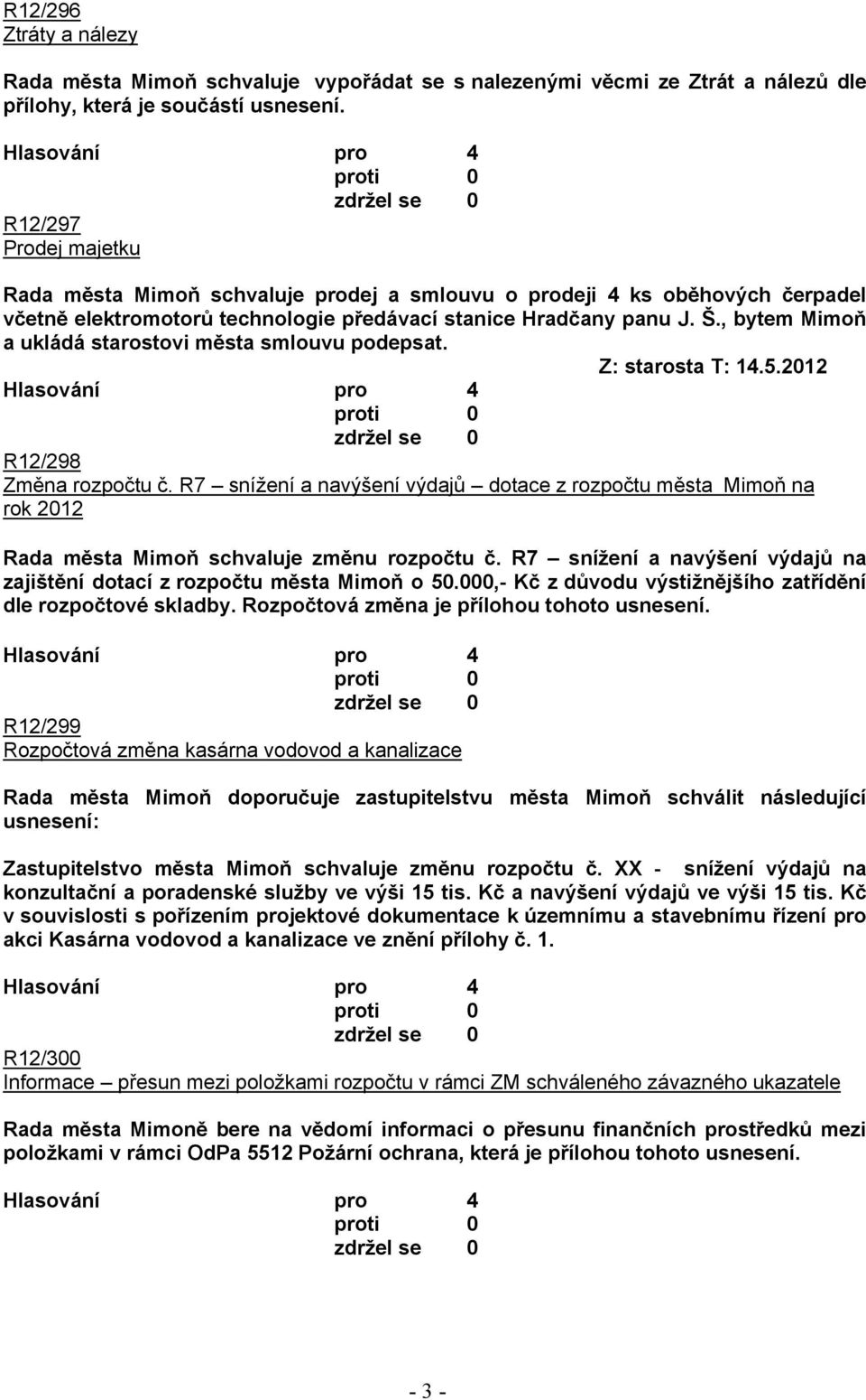 , bytem Mimoň a ukládá starostovi města smlouvu podepsat. R12/298 Změna rozpočtu č. R7 snížení a navýšení výdajů dotace z rozpočtu města Mimoň na rok 2012 Rada města Mimoň schvaluje změnu rozpočtu č.