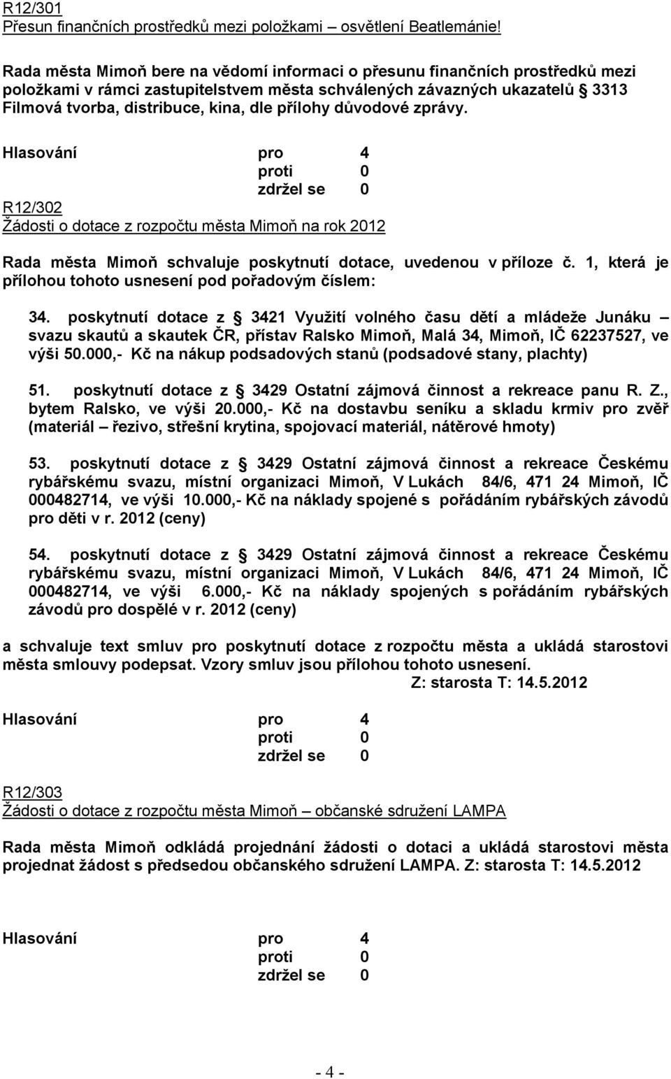 přílohy důvodové zprávy. R12/302 Žádosti o dotace z rozpočtu města Mimoň na rok 2012 Rada města Mimoň schvaluje poskytnutí dotace, uvedenou v příloze č.