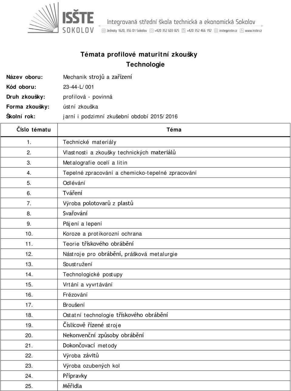 Koroze a protikorozní ochrana 11. Teorie třískového obrábění 12. Nástroje pro obrábění, prášková metalurgie 13. Soustružení 14. Technologické postupy 15.