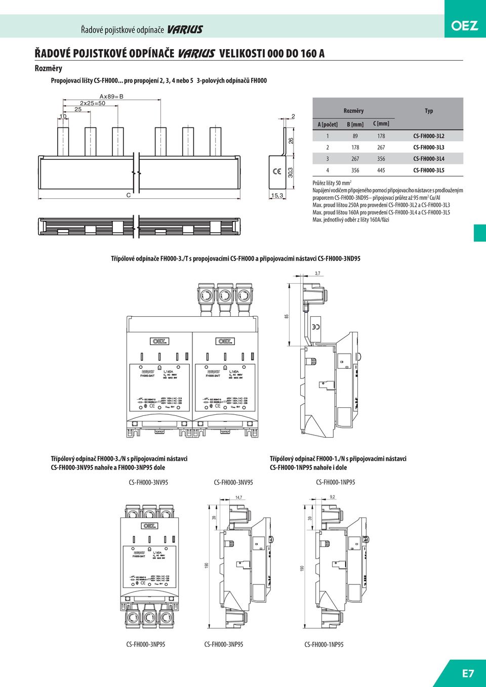 CS-FH000-3L5 C 15,3 Průřez lišty 50 mm 2 Napájení vodičem připojeného pomocí připojovacího nástavce s prodlouženým praporcem CS-FH000-3ND95 připojovací průřez až 95 mm 2 Cu/Al Max.