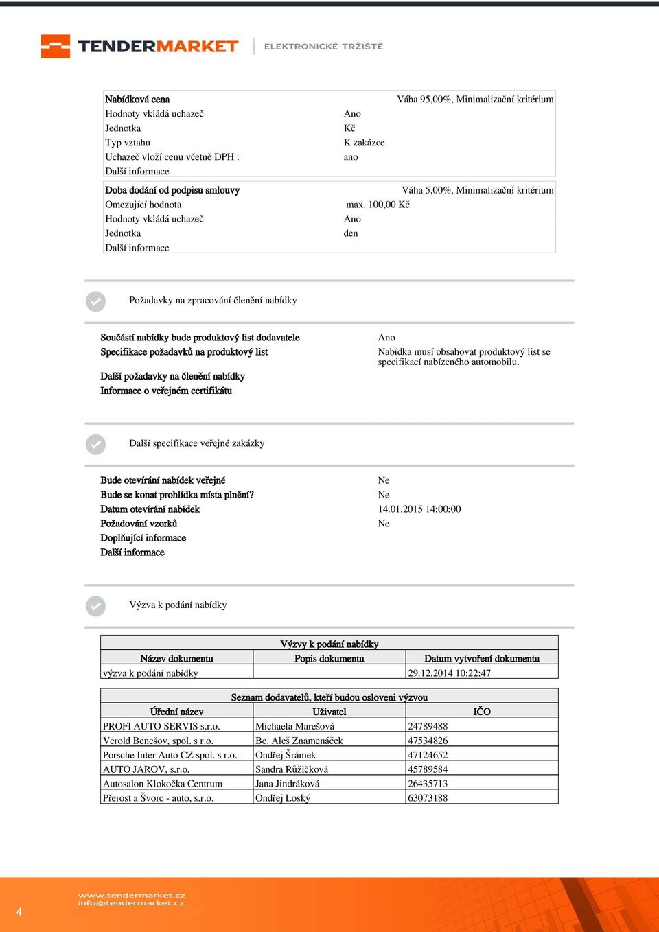 100,00 Kč Hodnoty vkládá uchazeč Jednotka den Požadavky na zpracování členění nabídky Součástí nabídky bude produktový list dodavatele Specifikace požadavků na produktový list Další požadavky na