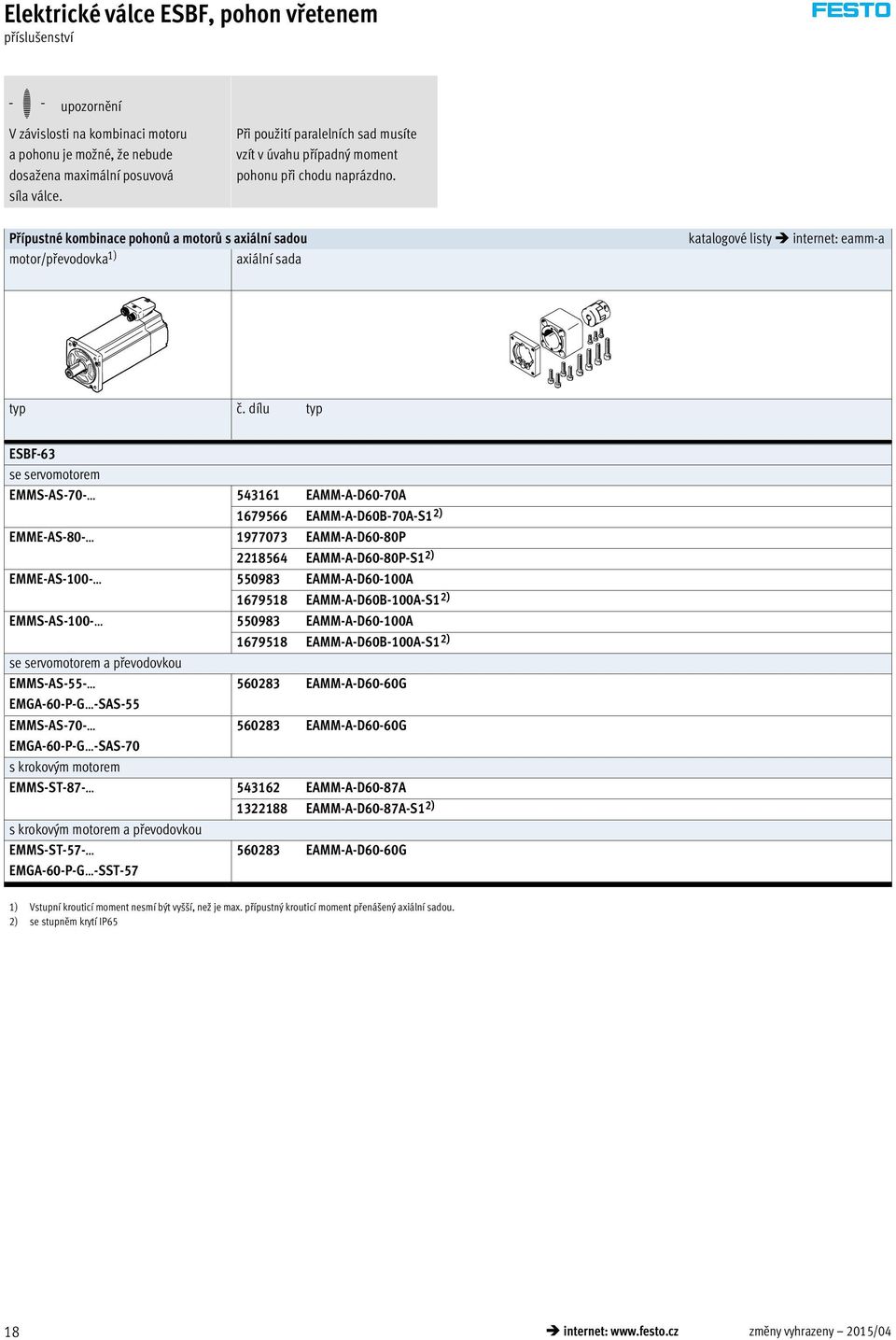 Přípustné kombinace pohonů a motorů s axiální sadou motor/převodovka 1) axiální sada katalogové listy internet: eamm-a typ č.