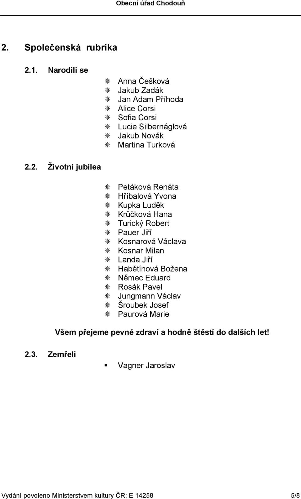 Pauer Jiří Kosnarová Václava Kosnar Milan Landa Jiří Habětínová Božena Němec Eduard Rosák Pavel Jungmann Václav Šroubek