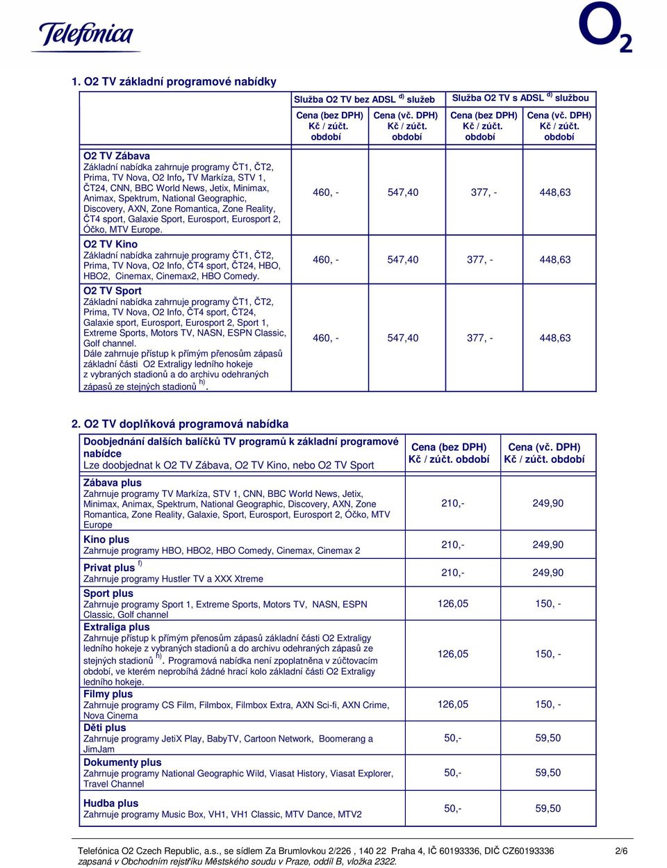 O2 TV Kino Základní nabídka zahrnuje programy ČT1, ČT2, Prima, TV Nova, O2 Info, ČT4 sport, ČT24, HBO, HBO2, Cinemax, Cinemax2, HBO Comedy.