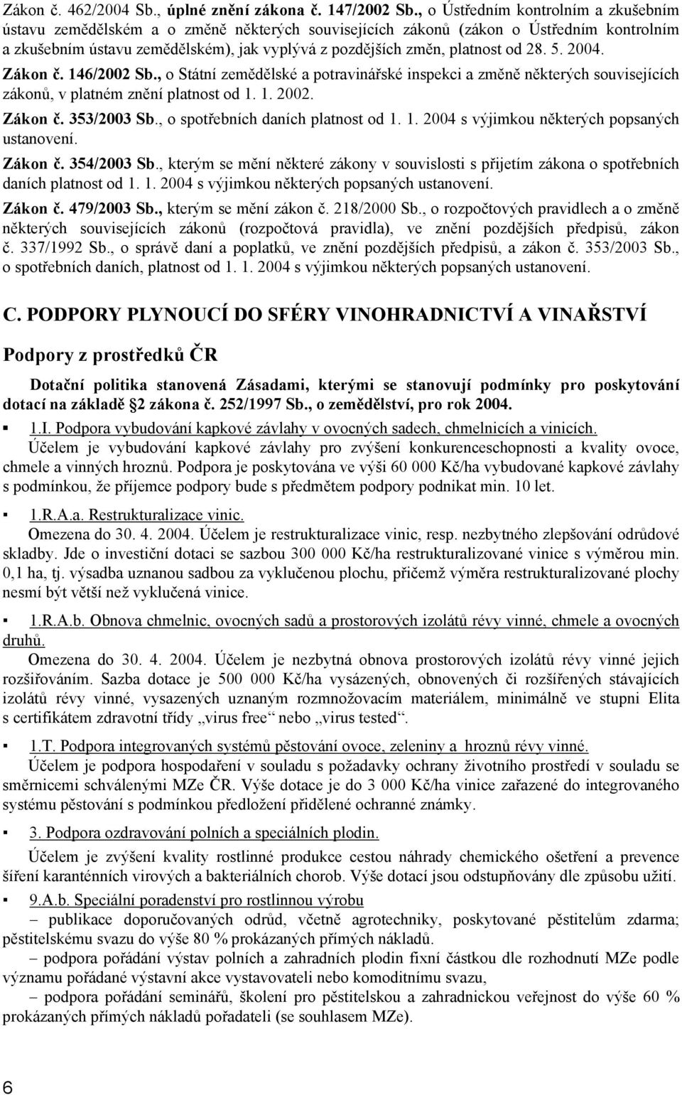 od 28. 5. 2004. Zákon č. 146/2002 Sb., o Státní zemědělské a potravinářské inspekci a změně některých souvisejících zákonů, v platném znění platnost od 1. 1. 2002. Zákon č. 353/2003 Sb.