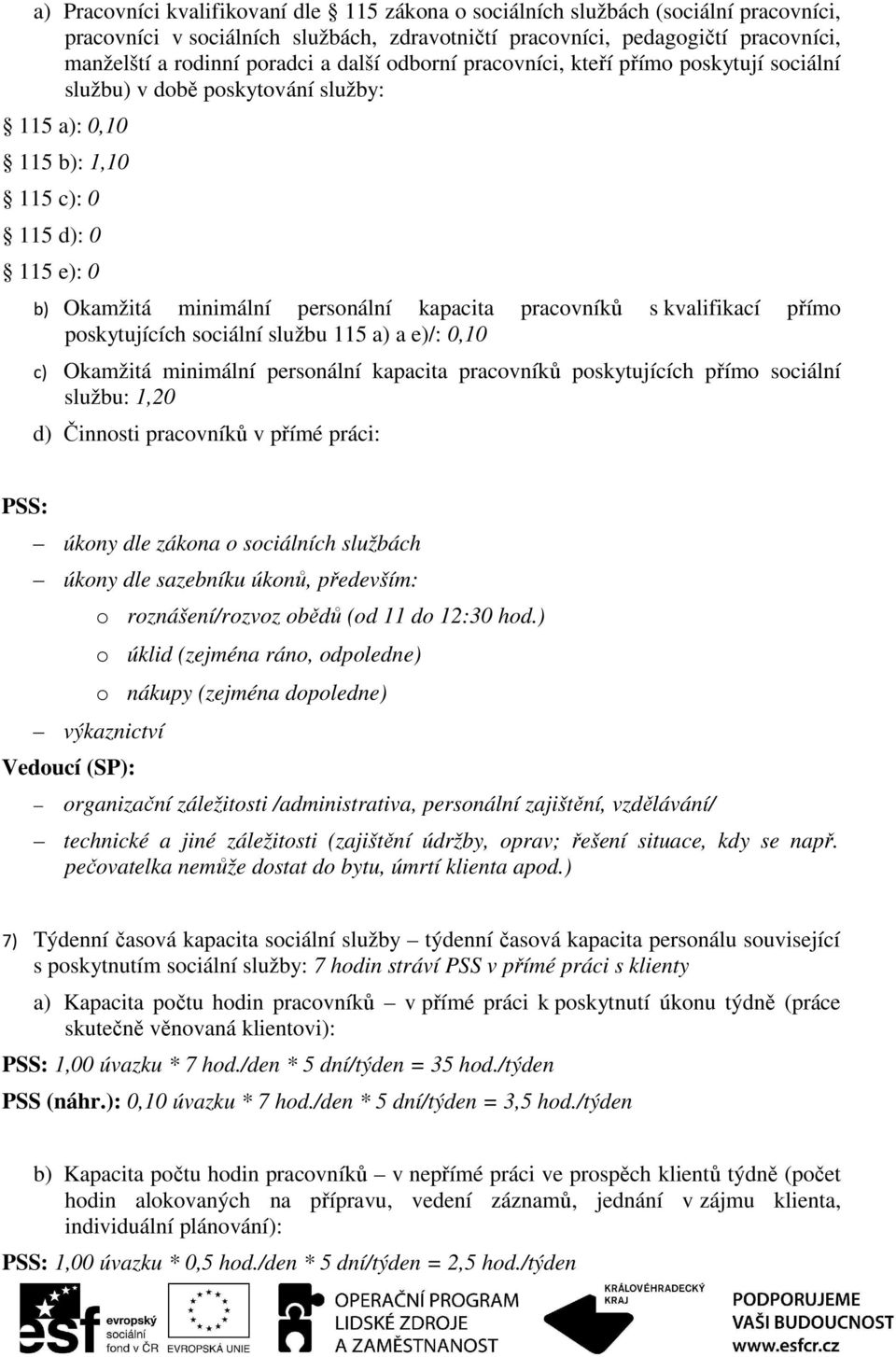 pracovníků s kvalifikací přímo poskytujících sociální službu 115 a) a e)/: 0,10 c) Okamžitá minimální personální kapacita pracovníků poskytujících přímo sociální službu: 1,20 d) Činnosti pracovníků v