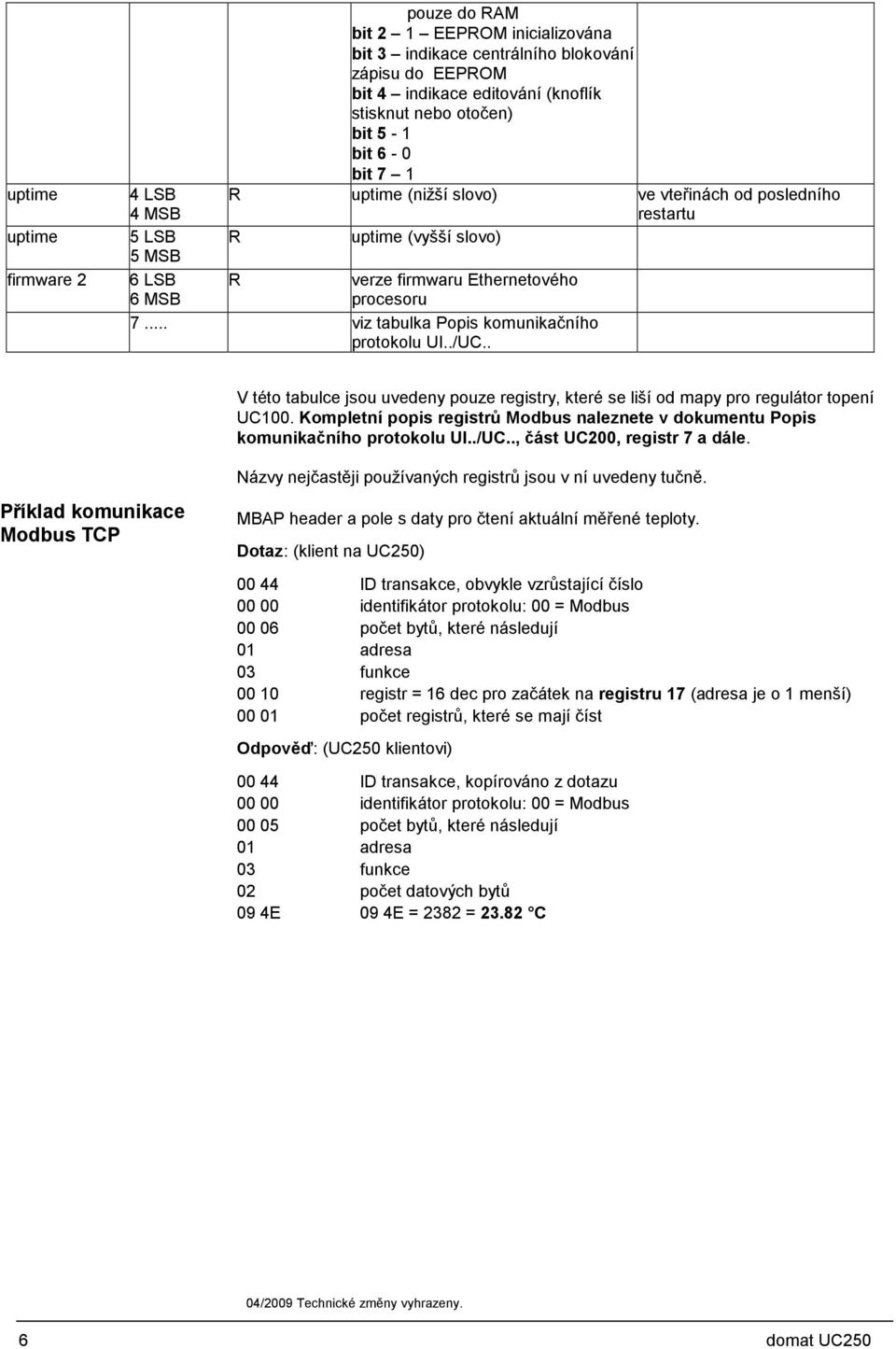 .. viz tabulka Popis komunikačního protokolu UI../UC.. V této tabulce jsou uvedeny pouze registry, které se liší od mapy pro regulátor topení UC100.