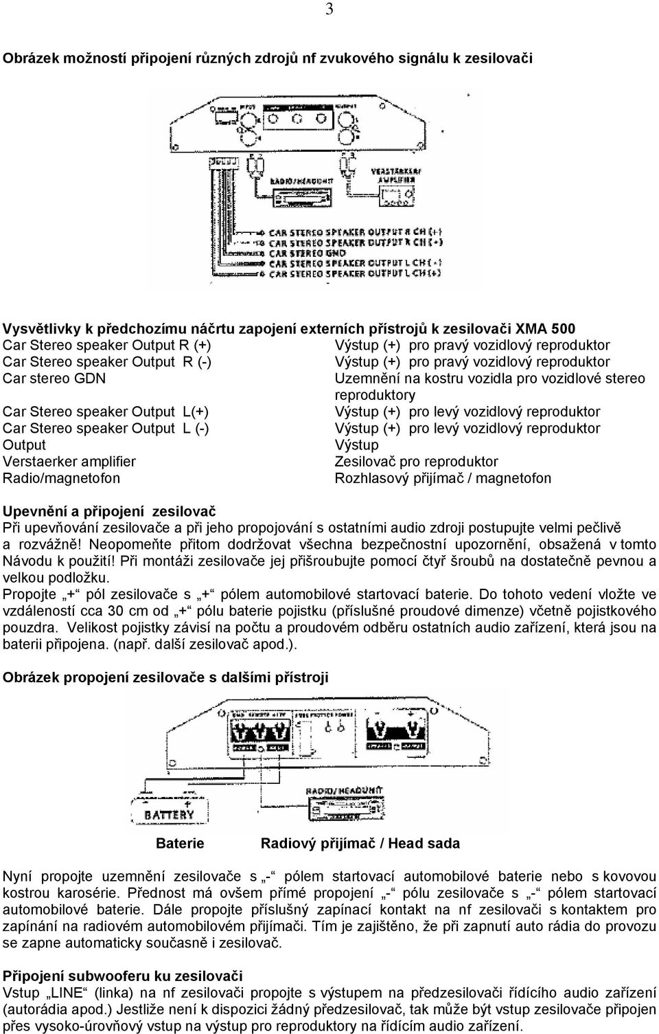speaker Output L(+) Výstup (+) pro levý vozidlový reproduktor Car Stereo speaker Output L (-) Výstup (+) pro levý vozidlový reproduktor Output Výstup Verstaerker amplifier Zesilovač pro reproduktor