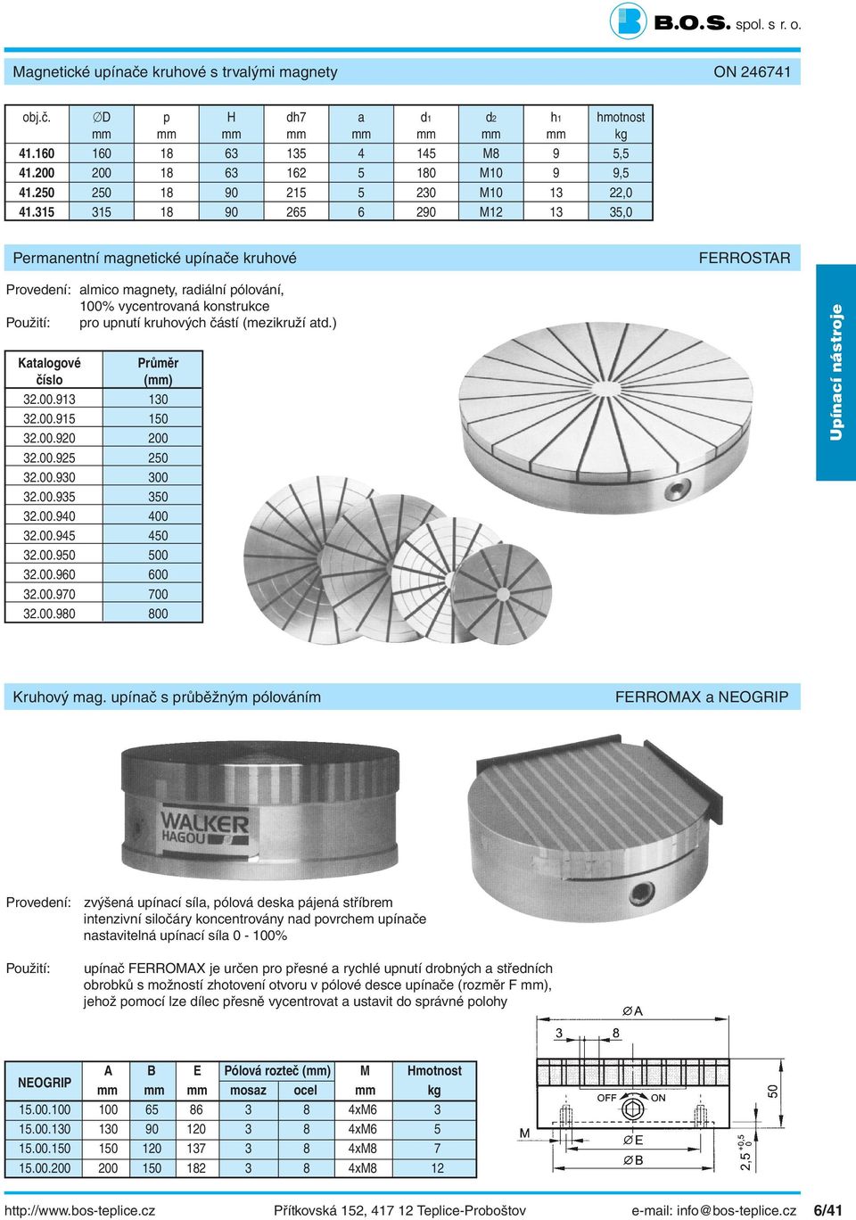 315 315 18 90 265 6 290 M12 13 35,0 Permanentní magnetické upínače kruhové FERROSTAR Provedení: almico magnety, radiální pólování, 100% vycentrovaná konstrukce Použití: pro upnutí kruhových částí