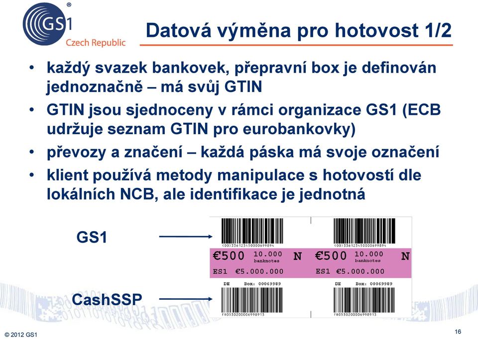 seznam GTIN pro eurobankovky) převozy a značení každá páska má svoje označení klient