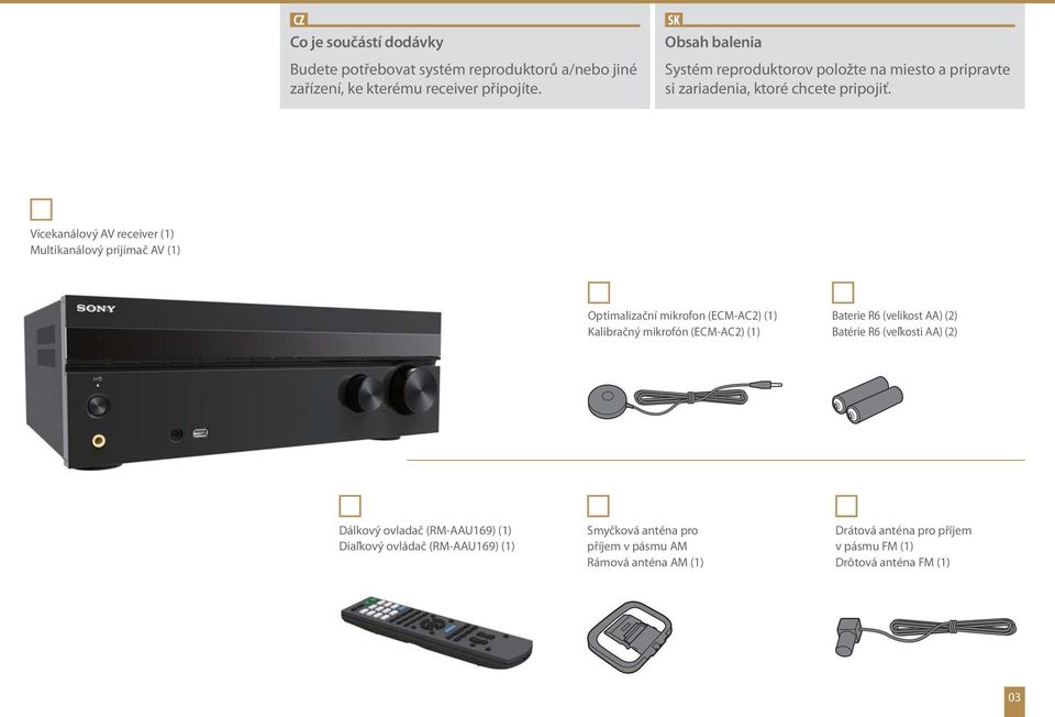 Vícekanálový AV receiver (1) Multikanálový prijímač AV (1) Optimalizační mikrofon (ECM-AC2) (1) Kalibračný mikrofón (ECM-AC2) (1) Baterie R6