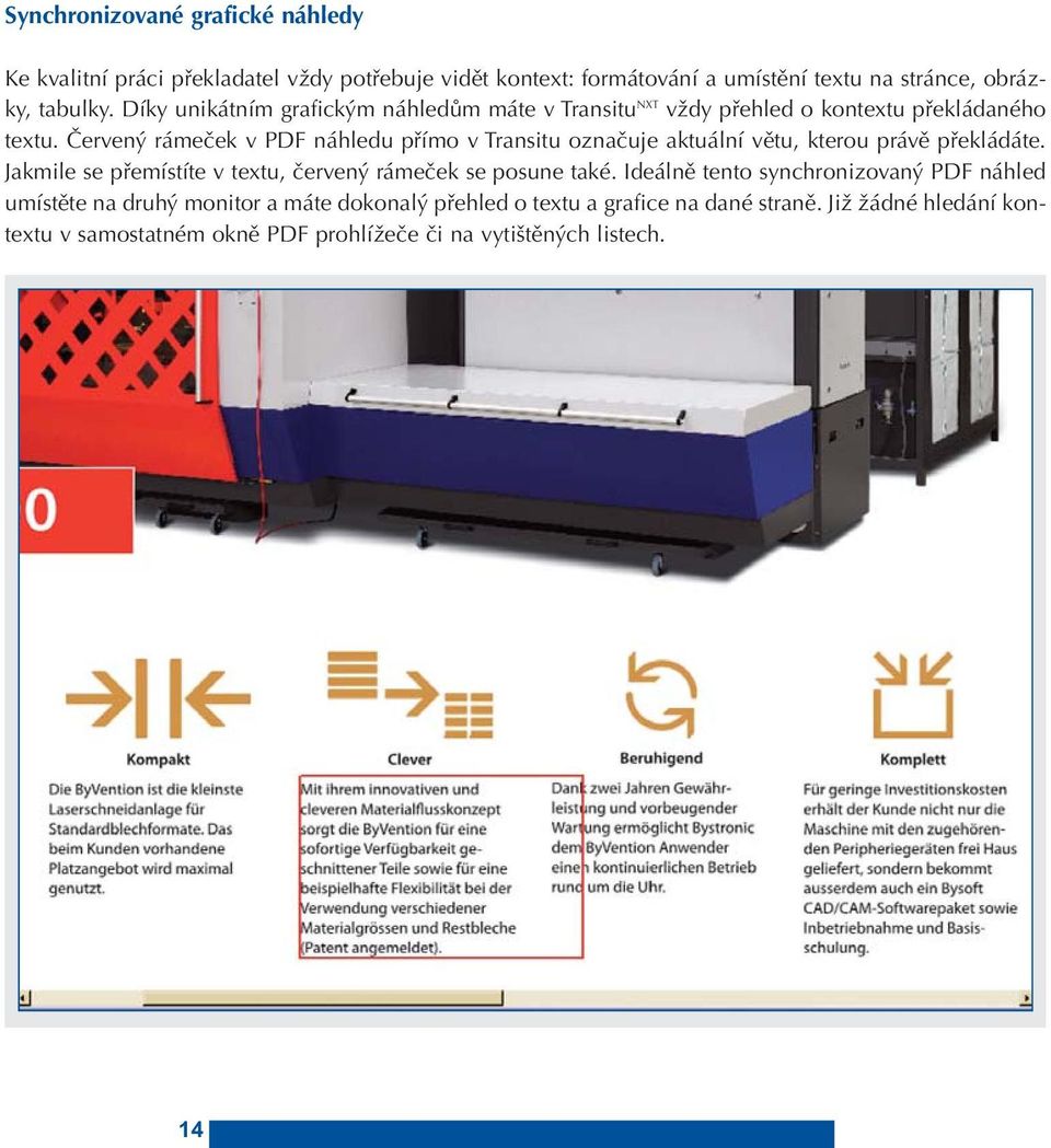 Červený rámeček v PDF náhledu přímo v Transitu označuje aktuální větu, kterou právě překládáte.